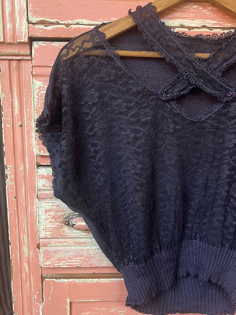 Antique Vintage 30s 40s Art Deco Knit Lace Navy Cotton Blouse Top S/M - Picture 3 of 13